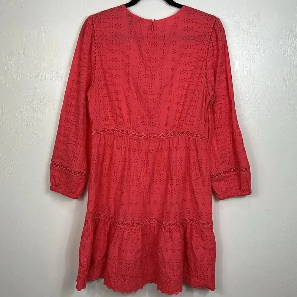 J. Crew Eyelet Embroidery Flutter-Hem Dress In Coral Color Size 8